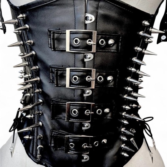Black Custom Faux Leather Spiked Underbust Corset with Stainless Steel Chains - Picture 2 of 8